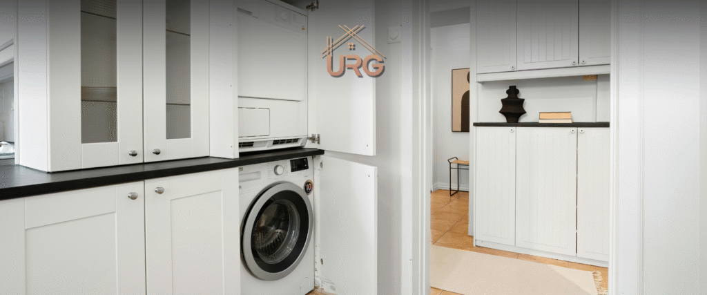 Modern laundry renovation in Coogee, Sydney with overhead storage, front-load washer, and white subway tiles