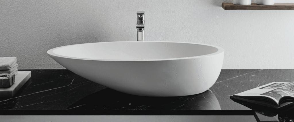 Luxury countertop basin with stone vanity in Sydney bathroom