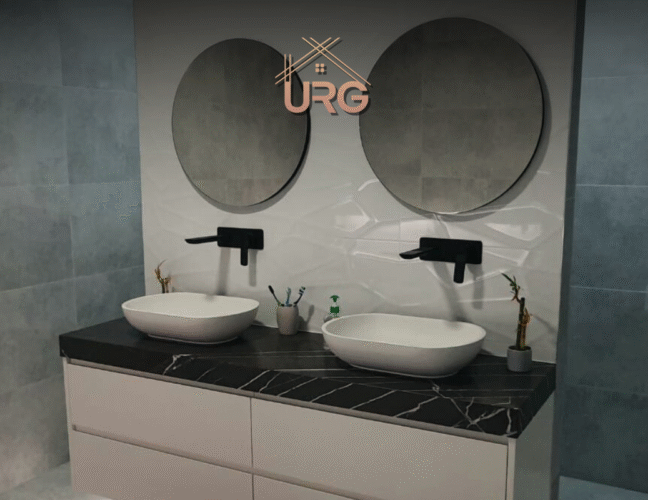 Plumbing rough‑in for wall‑hung vanity and in‑wall toilet cistern