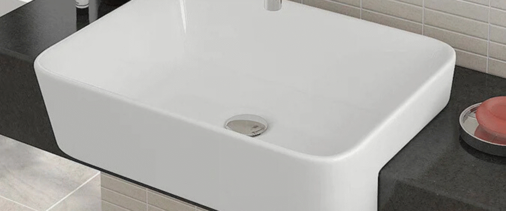 Semi-recessed basin in narrow Sydney bathroom