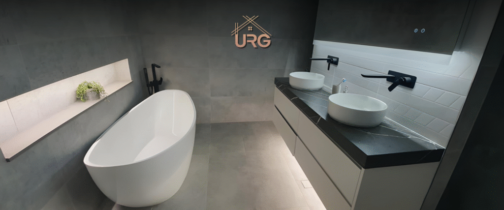 Sydney bathroom renovation with frameless shower and porcelain floor tiles