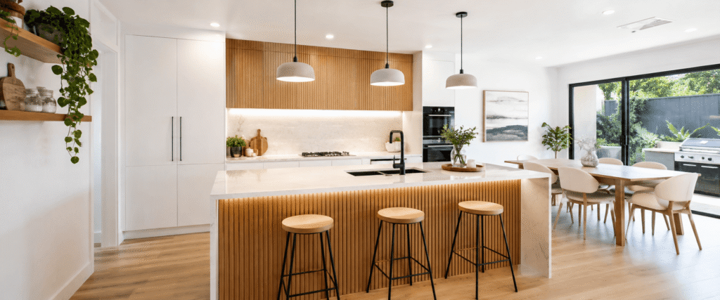 Modern kitchen island renovation in Sydney featuring stone benchtops, custom timber joinery, and premium black tapware.