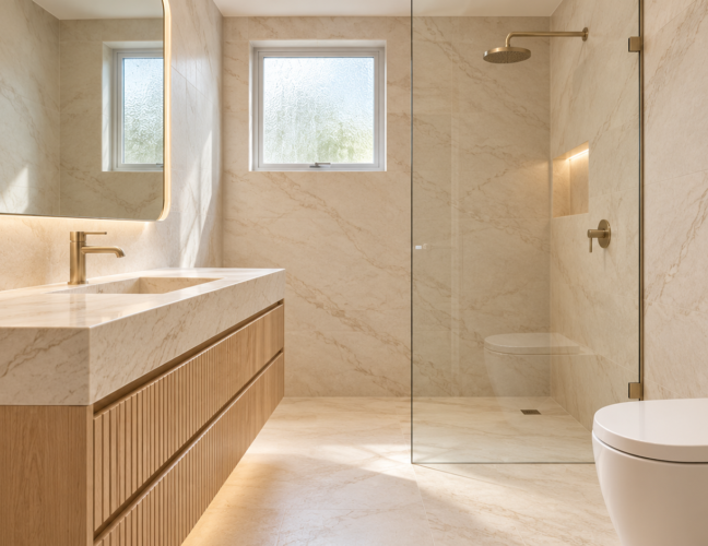 Luxury second bathroom design with veined stone tiles, fluted oak vanity, brass tapware and a frameless shower